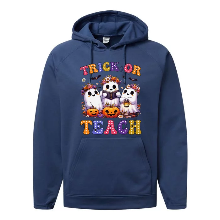 Trick Or Teach Halloween Ghost Pumpkin Spooky Teacher Women Performance Fleece Hoodie