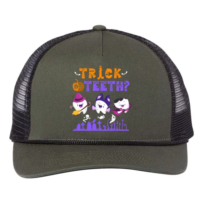 Trick Or Teeth Dentist Puns Halloween Dental Squad Matching Gift Retro Rope Trucker Hat Cap