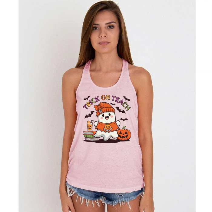 Trick Or Teach Back To School Cute Ghost Halloween Teachers Gift Women's Knotted Racerback Tank