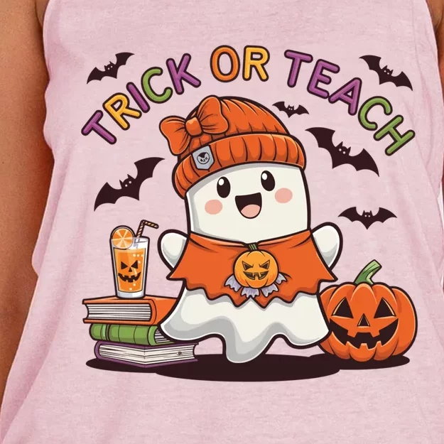 Trick Or Teach Back To School Cute Ghost Halloween Teachers Gift Women's Knotted Racerback Tank