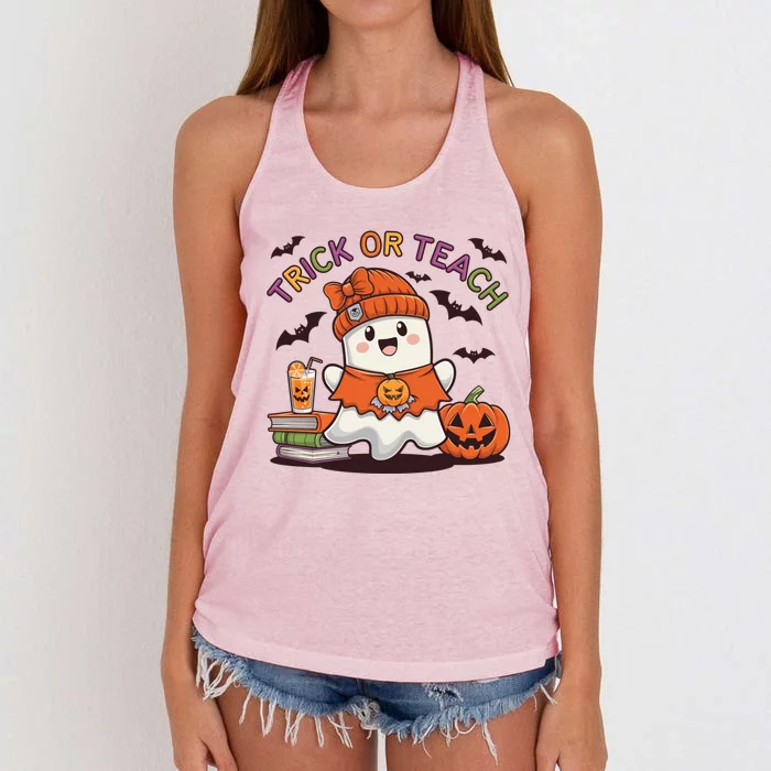 Trick Or Teach Back To School Cute Ghost Halloween Teachers Gift Women's Knotted Racerback Tank