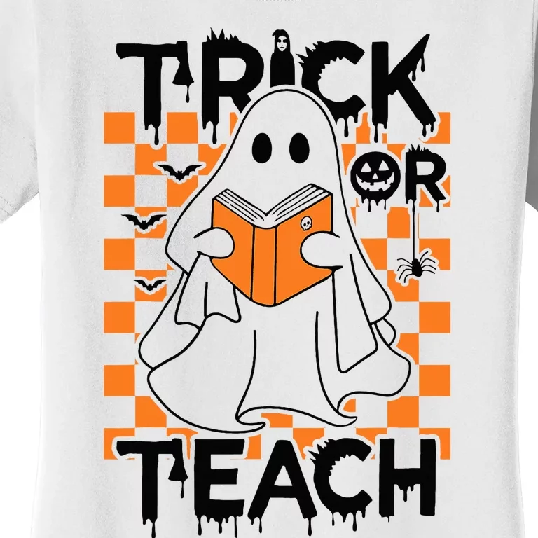 Trick or Teach Groovy Halloween Retro Ghost Book Teacher Women's T-Shirt