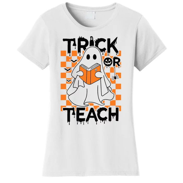 Trick or Teach Groovy Halloween Retro Ghost Book Teacher Women's T-Shirt