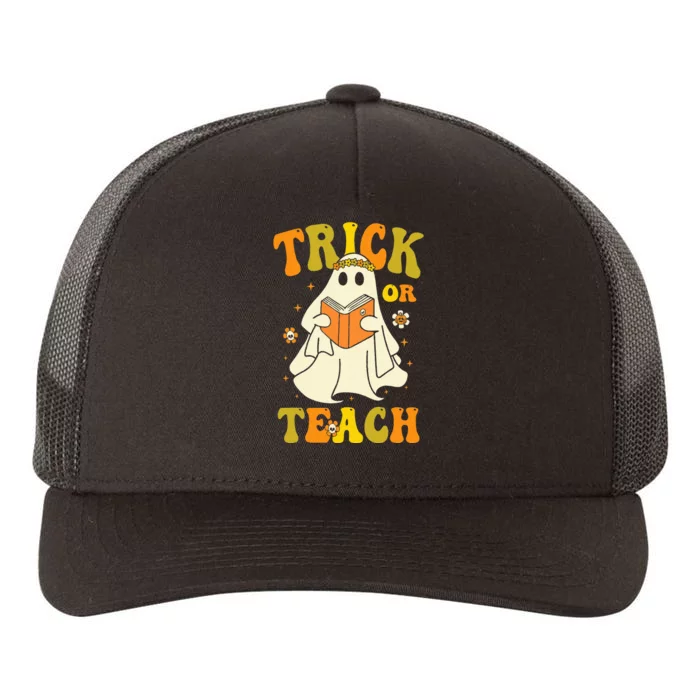 Trick or Teach Groovy Halloween Retro Floral Ghost Teacher Yupoong Adult 5-Panel Trucker Hat