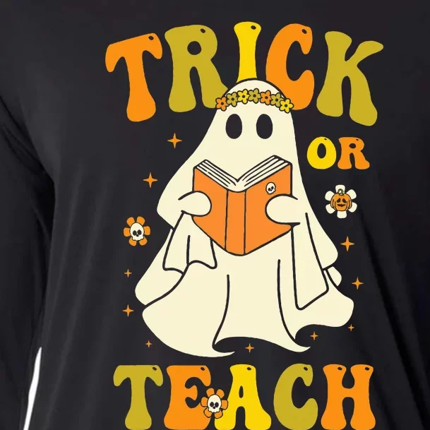 Trick or Teach Groovy Halloween Retro Floral Ghost Teacher Cooling Performance Long Sleeve Crew