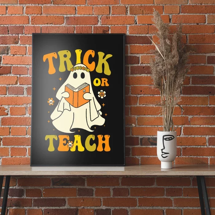 Trick or Teach Groovy Halloween Retro Floral Ghost Teacher Poster