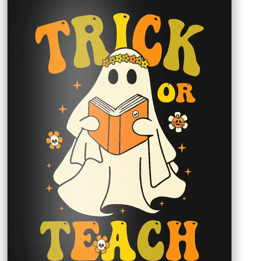 Trick or Teach Groovy Halloween Retro Floral Ghost Teacher Poster