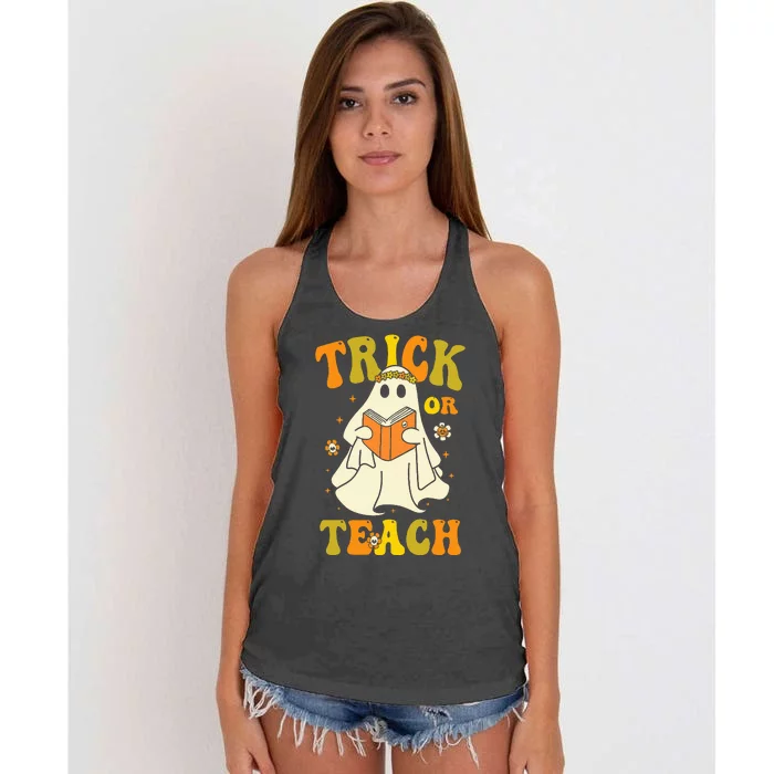 Trick or Teach Groovy Halloween Retro Floral Ghost Teacher Women's Knotted Racerback Tank