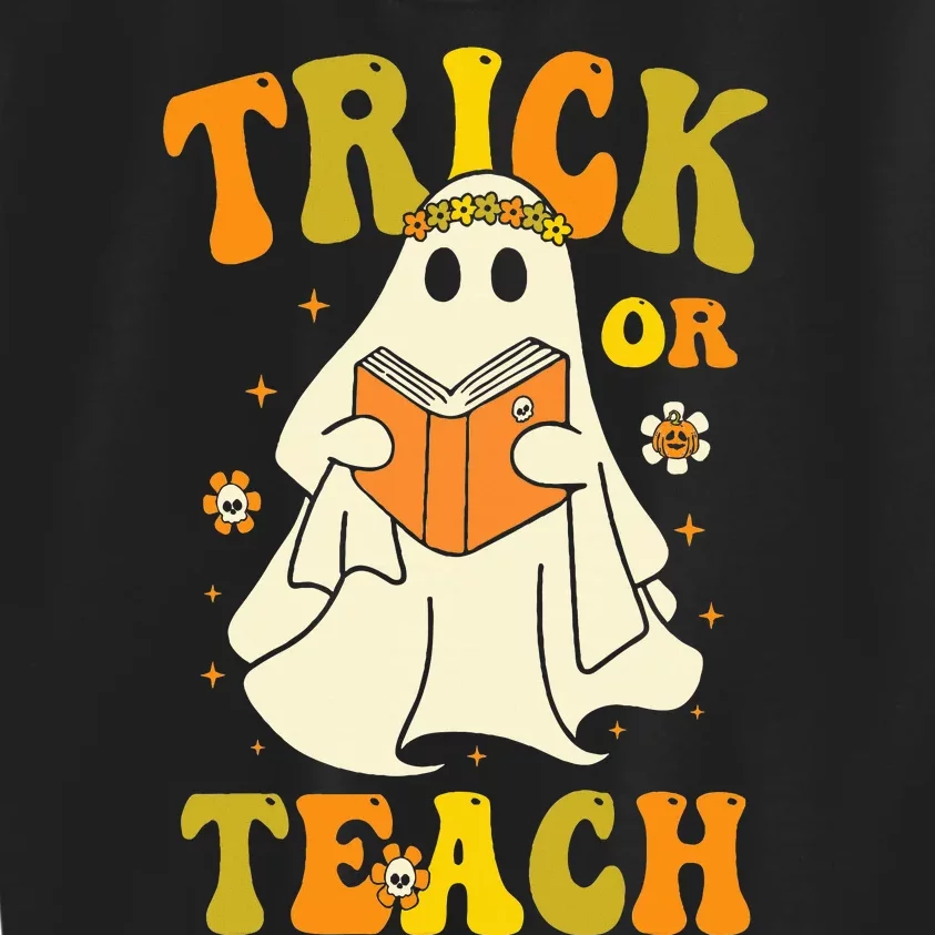 Trick or Teach Groovy Halloween Retro Floral Ghost Teacher Kids Sweatshirt