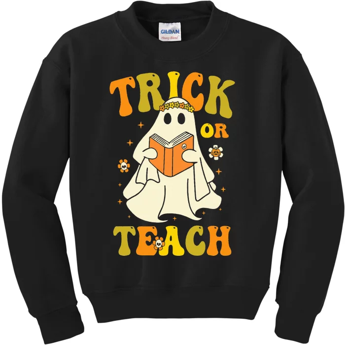 Trick or Teach Groovy Halloween Retro Floral Ghost Teacher Kids Sweatshirt