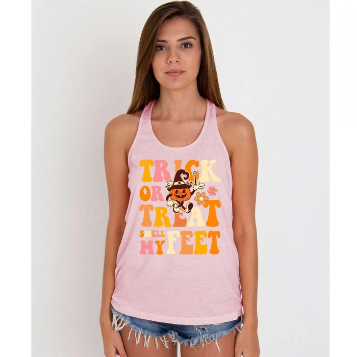 Trick Or Treat Smell My Feet Groovy Retro Halloween Pumpkin Gift Women's Knotted Racerback Tank