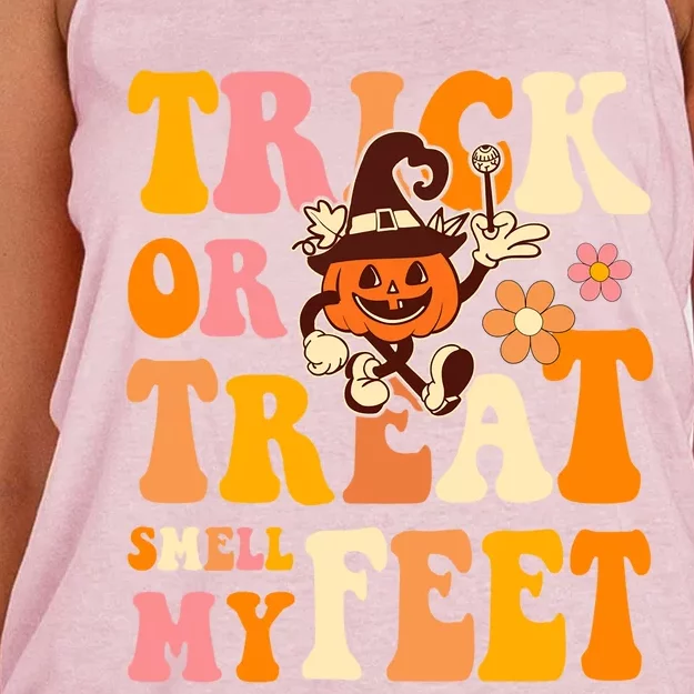 Trick Or Treat Smell My Feet Groovy Retro Halloween Pumpkin Gift Women's Knotted Racerback Tank