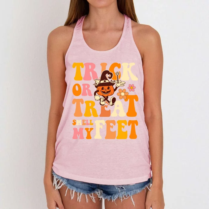 Trick Or Treat Smell My Feet Groovy Retro Halloween Pumpkin Gift Women's Knotted Racerback Tank