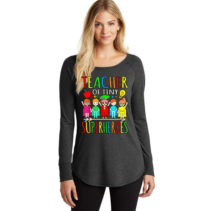 Teacher Of Tiny Superheroes First Day Back To School Graphic Women's Perfect Tri Tunic Long Sleeve Shirt