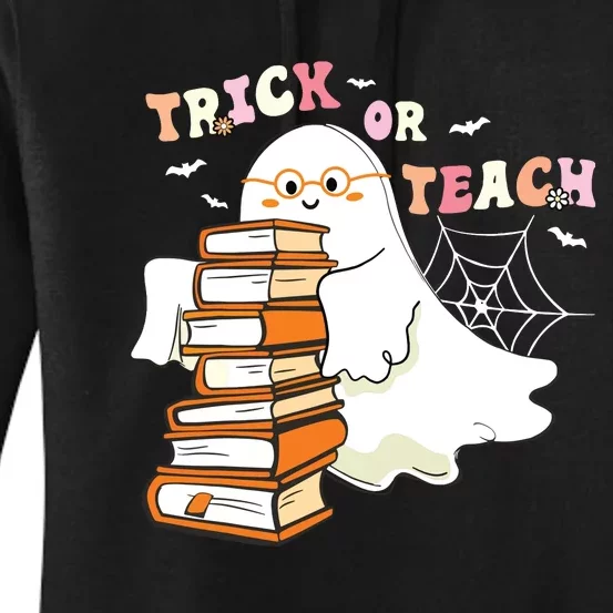 Trick Or Teach Floral Groovy Halloween Teacher Retro Ghost Women's Pullover Hoodie