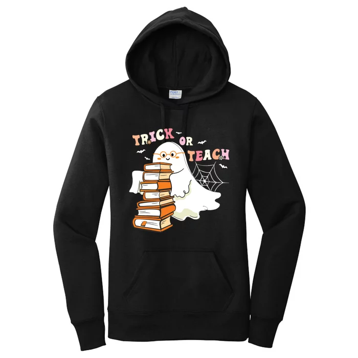 Trick Or Teach Floral Groovy Halloween Teacher Retro Ghost Women's Pullover Hoodie