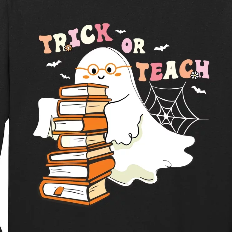 Trick Or Teach Floral Groovy Halloween Teacher Retro Ghost Tall Long Sleeve T-Shirt