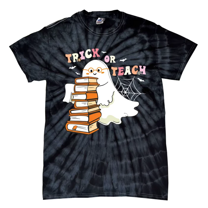 Trick Or Teach Floral Groovy Halloween Teacher Retro Ghost Tie-Dye T-Shirt