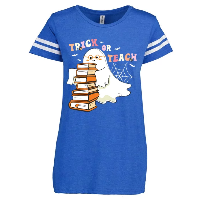 Trick Or Teach Floral Groovy Halloween Teacher Retro Ghost Enza Ladies Jersey Football T-Shirt