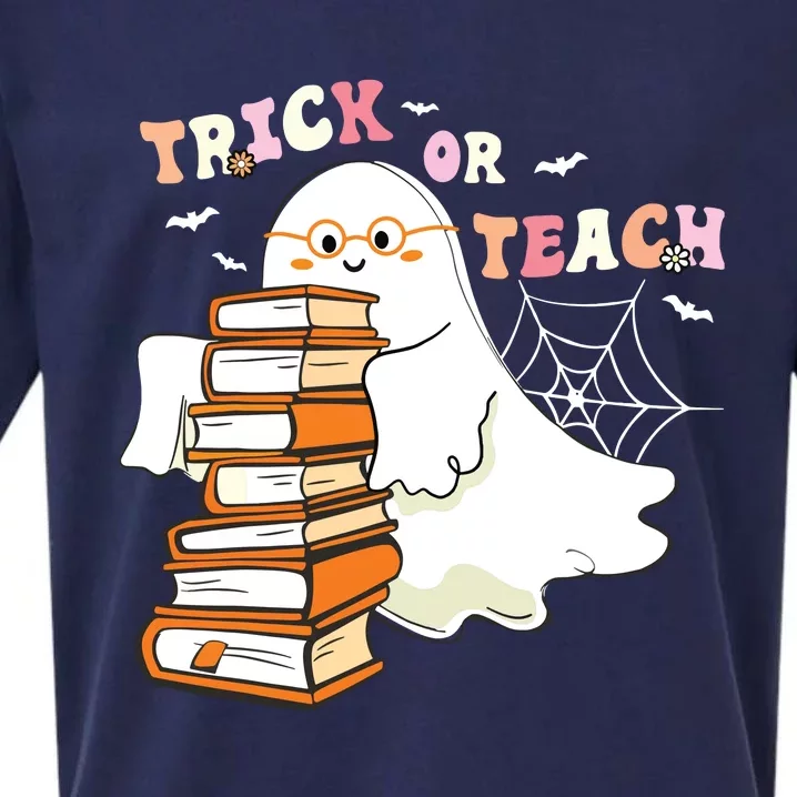 Trick Or Teach Floral Groovy Halloween Teacher Retro Ghost Sueded Cloud Jersey T-Shirt