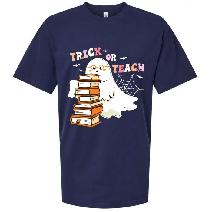 Trick Or Teach Floral Groovy Halloween Teacher Retro Ghost Sueded Cloud Jersey T-Shirt