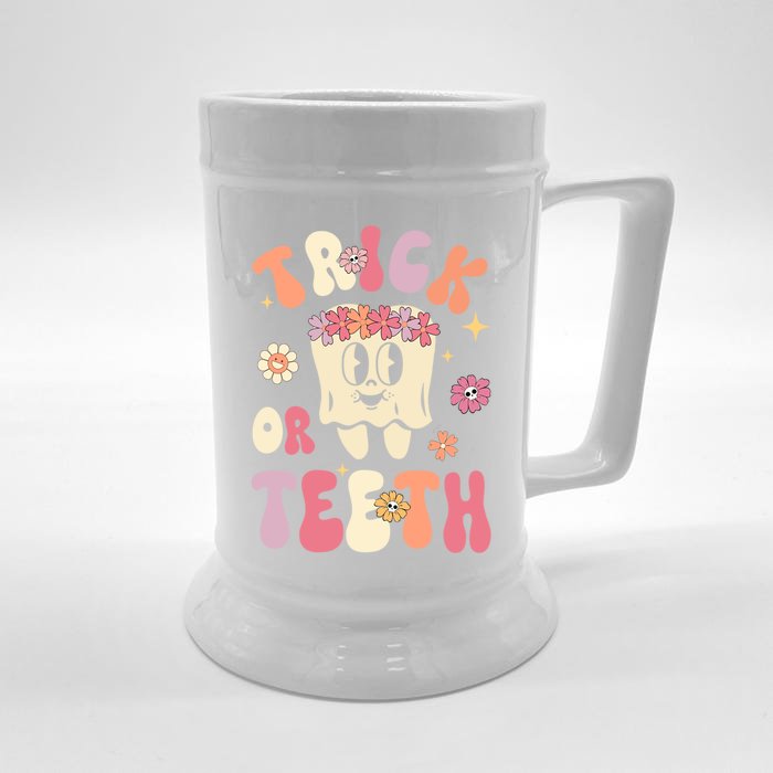 Trick Or Teeth Funny Dental Halloween Floral Ghost Dentist Great Gift Front & Back Beer Stein