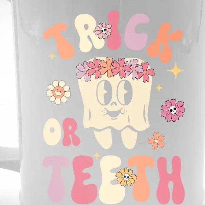 Trick Or Teeth Funny Dental Halloween Floral Ghost Dentist Great Gift Front & Back Beer Stein