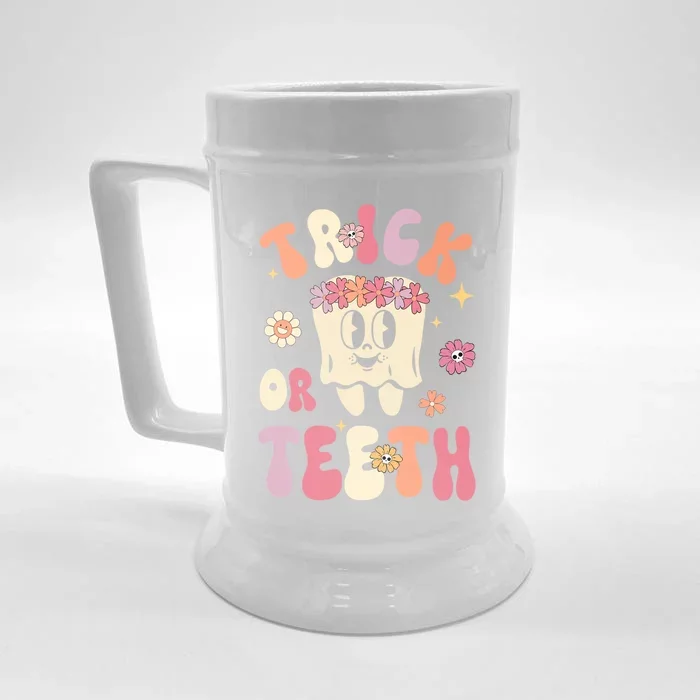 Trick Or Teeth Funny Dental Halloween Floral Ghost Dentist Great Gift Front & Back Beer Stein