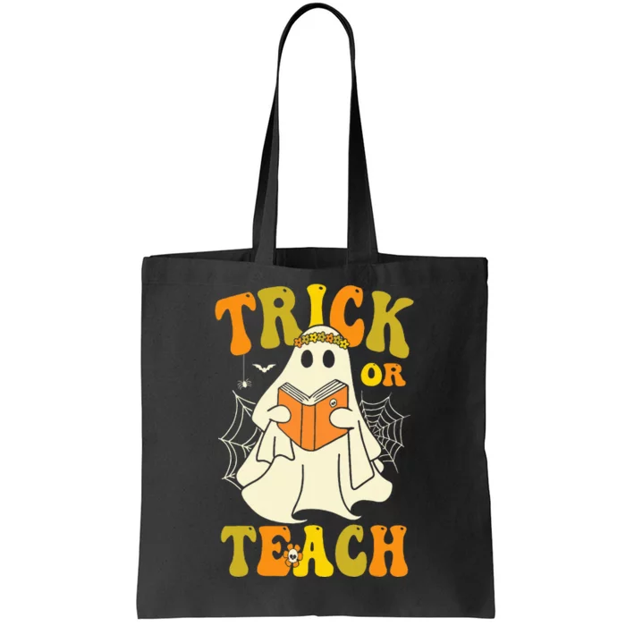 Trick or Teach Groovy Halloween Retro Floral Ghost Teacher Tote Bag