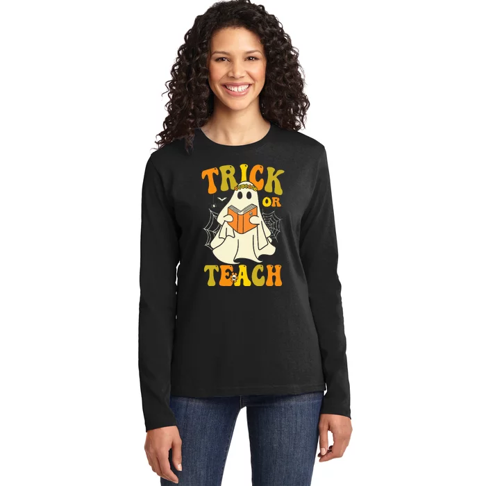 Trick or Teach Groovy Halloween Retro Floral Ghost Teacher Ladies Long Sleeve Shirt