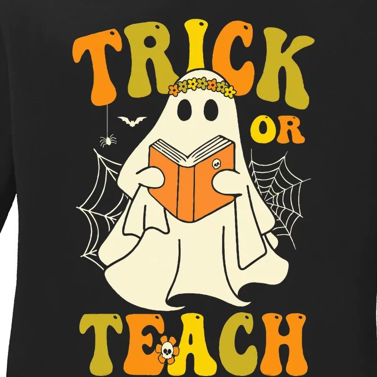 Trick or Teach Groovy Halloween Retro Floral Ghost Teacher Ladies Long Sleeve Shirt