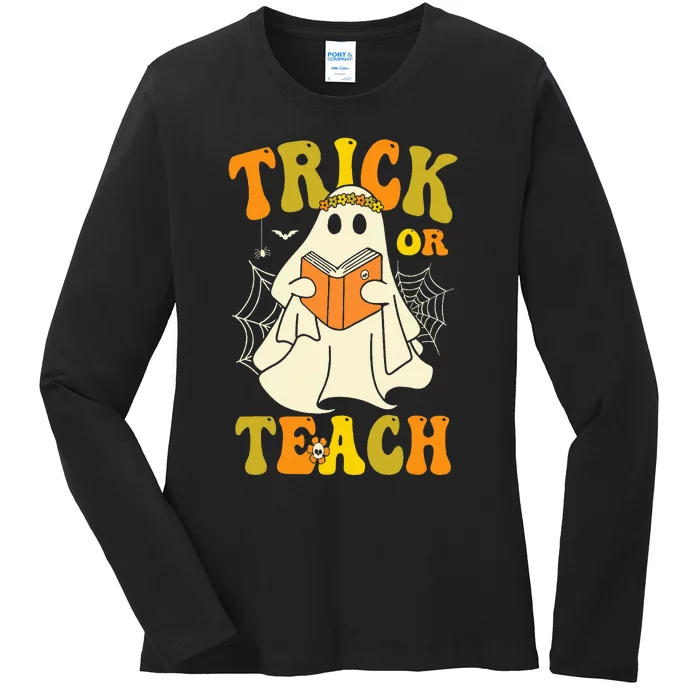 Trick or Teach Groovy Halloween Retro Floral Ghost Teacher Ladies Long Sleeve Shirt