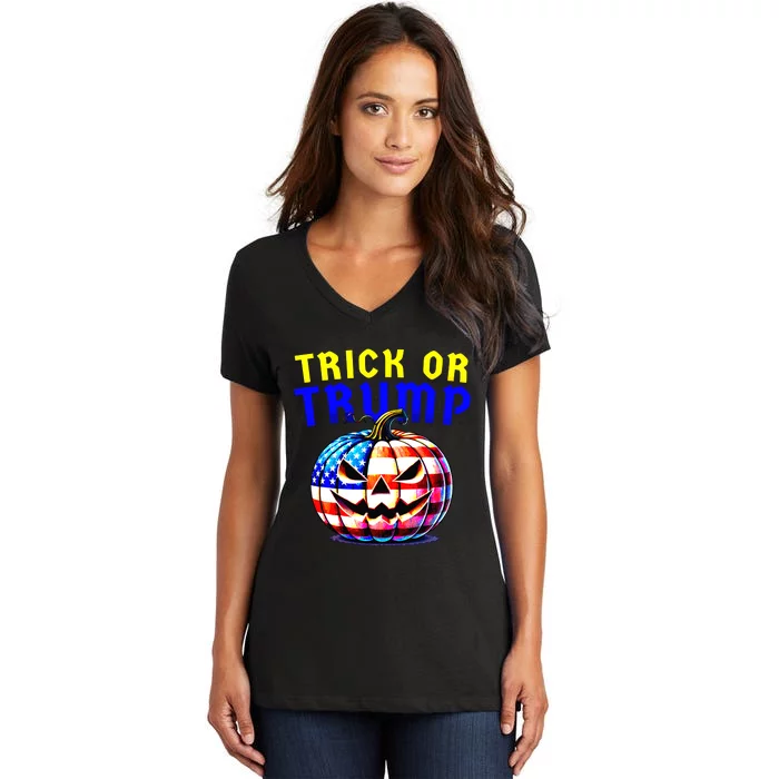 Trick Or Trump Donald Trump 2024 Halloween Pumpkin Women's V-Neck T-Shirt