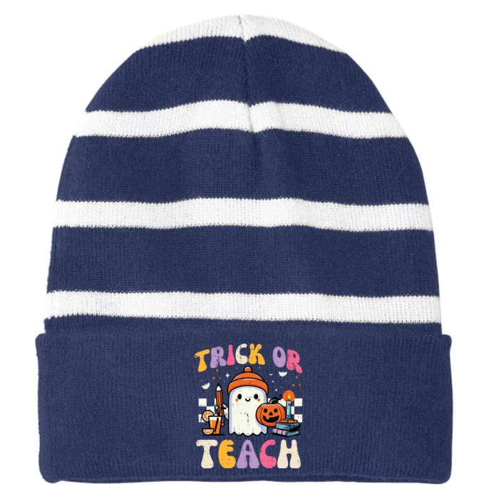 Trick Or Teach Ghost Teacher School Halloween Striped Beanie with Solid Band