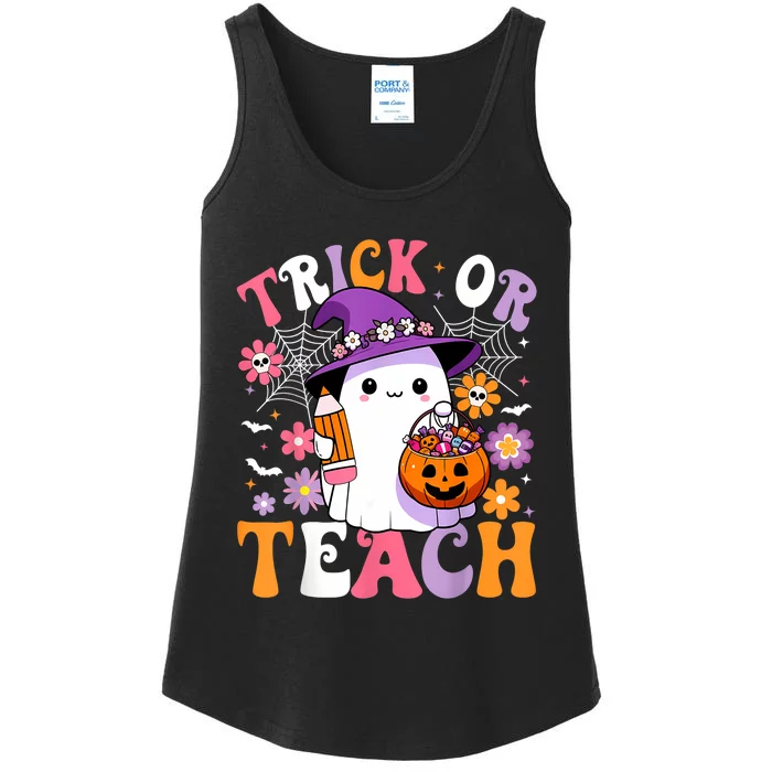 Trick Or Teach Groovy Teacher Ghost Funny Halloween Teacher Ladies Essential Tank