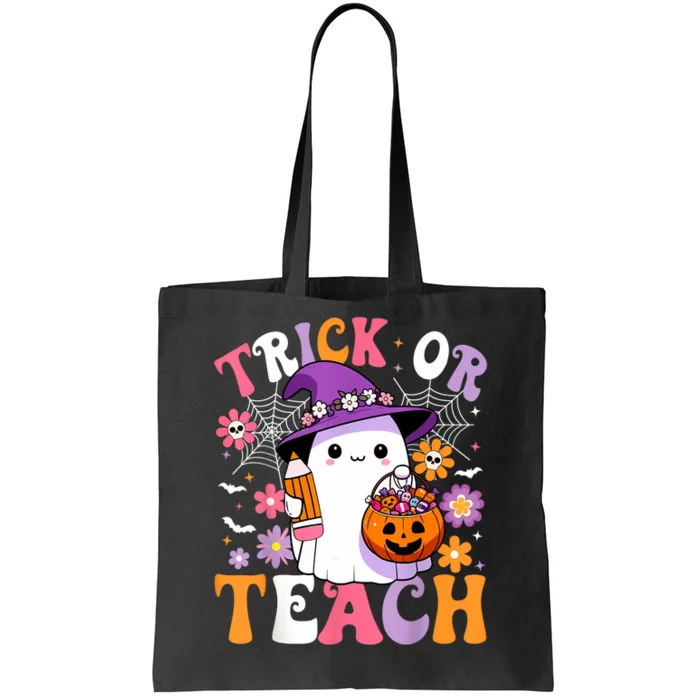 Trick Or Teach Groovy Teacher Ghost Funny Halloween Teacher Tote Bag