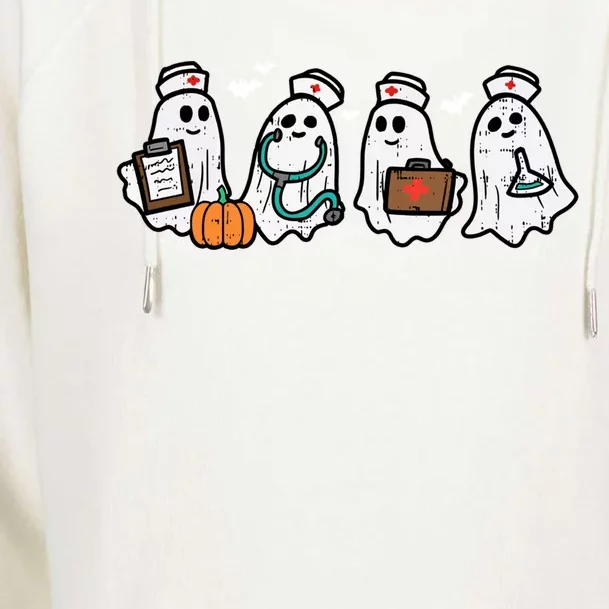 Trick Or Treat Spooky Season Ghost Nurse Nursing Halloween Funny Gift Womens Funnel Neck Pullover Hood