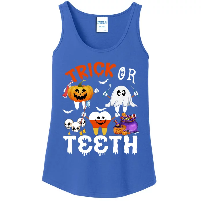 Trick Or Teeth Treating Candy Pumpkin Boo Tooth Dental Squad Cool Gift Ladies Essential Tank