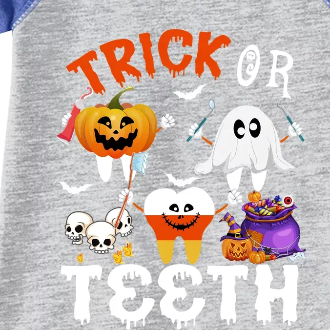 Trick Or Teeth Treating Candy Pumpkin Boo Tooth Dental Squad Cool Gift Infant Baby Jersey Bodysuit