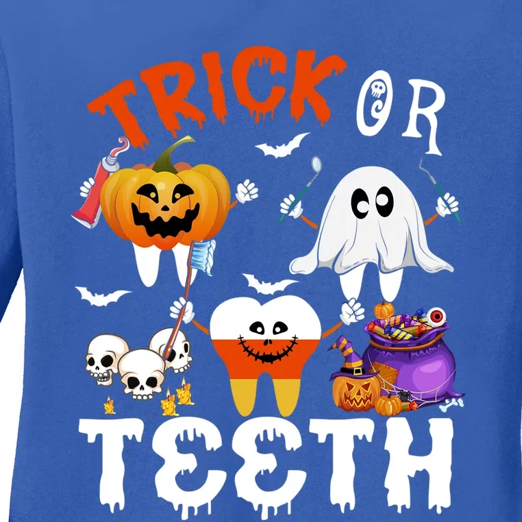 Trick Or Teeth Treating Candy Pumpkin Boo Tooth Dental Squad Cool Gift Ladies Long Sleeve Shirt