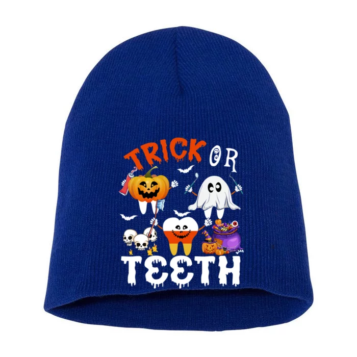 Trick Or Teeth Treating Candy Pumpkin Boo Tooth Dental Squad Cool Gift Short Acrylic Beanie