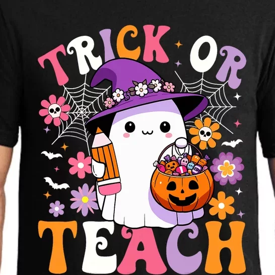 Trick Or Teach Groovy Teacher Ghost Funny Halloween Teacher Pajama Set