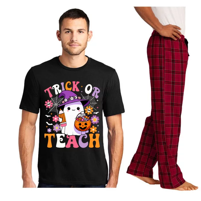 Trick Or Teach Groovy Teacher Ghost Funny Halloween Teacher Pajama Set