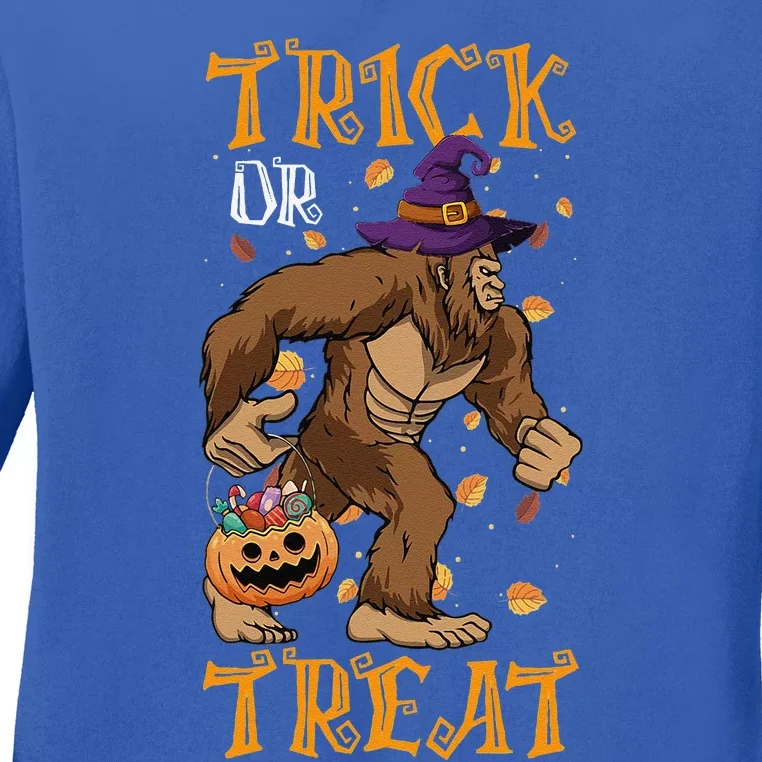 Trick Or Treat Bigfoot & Pumpkin Halloween Costume Day Ladies Long Sleeve Shirt