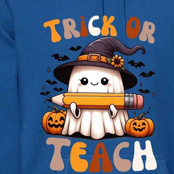 Trick Or Teach Groovy Teacher Halloween Retro Floral Ghost Gift Premium Hoodie