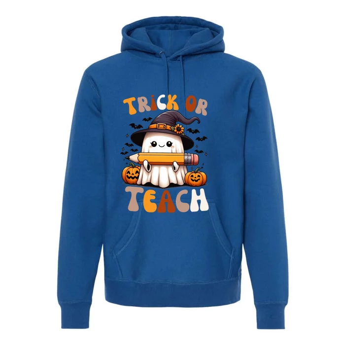 Trick Or Teach Groovy Teacher Halloween Retro Floral Ghost Gift Premium Hoodie