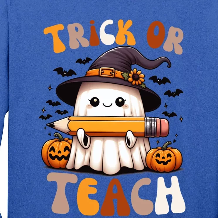 Trick Or Teach Groovy Teacher Halloween Retro Floral Ghost Gift Tall Long Sleeve T-Shirt