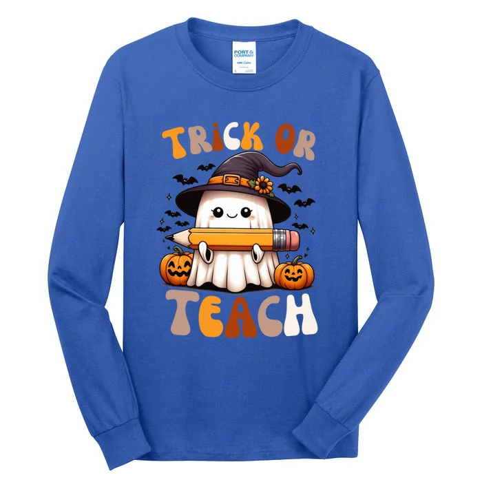 Trick Or Teach Groovy Teacher Halloween Retro Floral Ghost Gift Tall Long Sleeve T-Shirt