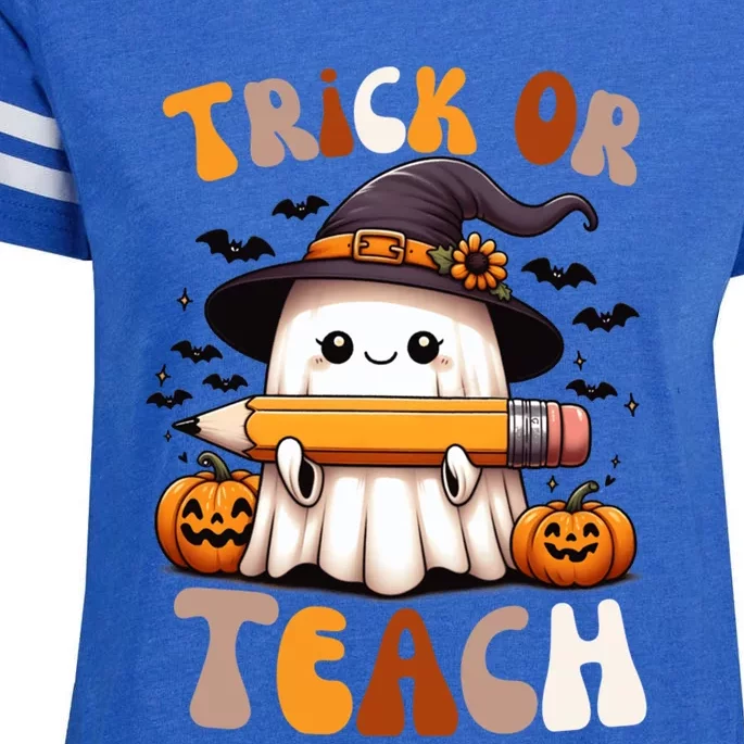 Trick Or Teach Groovy Teacher Halloween Retro Floral Ghost Gift Enza Ladies Jersey Football T-Shirt