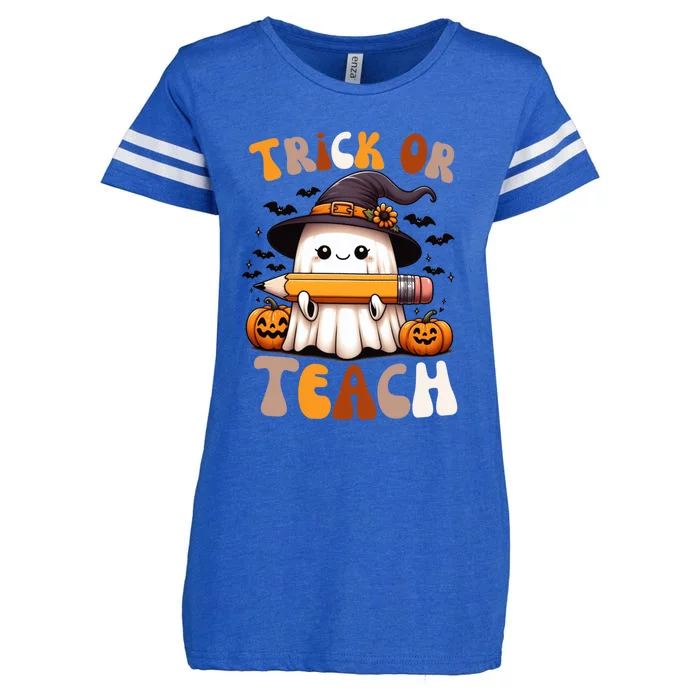 Trick Or Teach Groovy Teacher Halloween Retro Floral Ghost Gift Enza Ladies Jersey Football T-Shirt